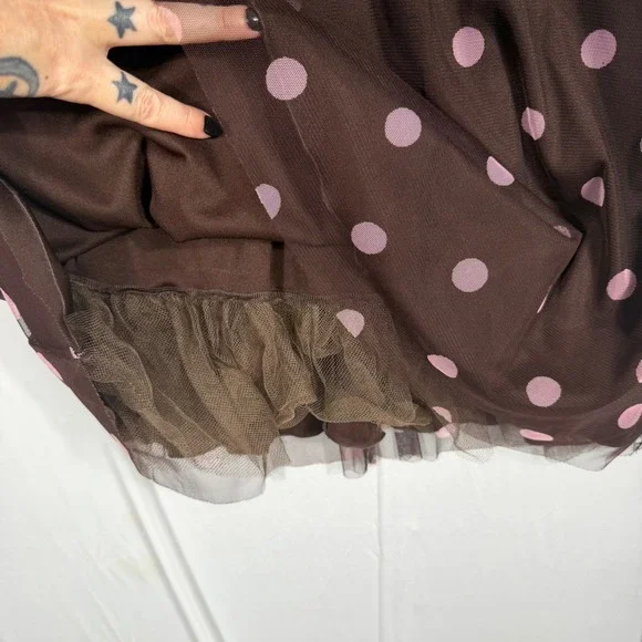 Vtg 90s Y2K A. Byer Midi Dress Sm Brown Pink Polka Dot Mesh Overlay Fit & Flare - Picture 6 of 6